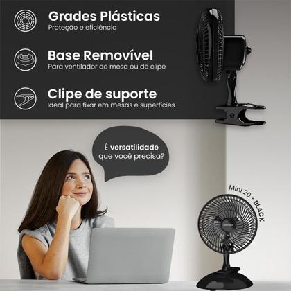 Imagem de Micro Ventilador de Mesa Pessoal Ventisol Mini 20 127V com 3 Pás 20cm 2 Velocidades Preto