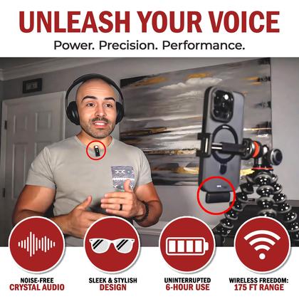 Imagem de Microfone de lapela sem fio TikTalkPro para iPhone e todos os dispositivos - Microfone único de 2,4 GHz, áudio com cancelamento de ruído - Longo alcance de até 175 pés - Fácil de usar para gravação de vídeo e podcast