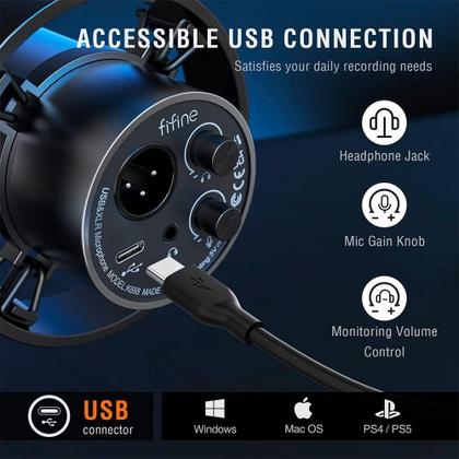 Imagem de Microfone Dinâmico Fifine, Cardióide, USB Tipo-C e XLR, Com entrada para Fone, Preto - K688