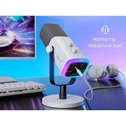 Imagem de Microfone Dinâmico Gamer Fifine Ampligame, RGB, Cardióide, USB-C, Anti-Ruído, Para Streaming, Branco - AM8W