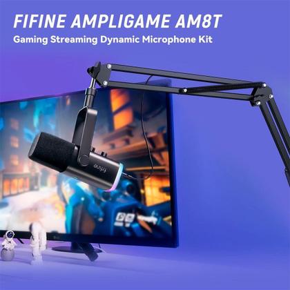 Imagem de Microfone Dinâmico Gamer Fifine, RGB, Cardióide, USB Tipo-C e XLR, Anti-Ruído, Preto - AM8T