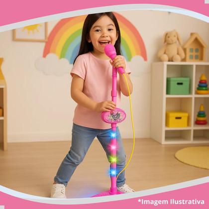 Imagem de Microfone Infantil Karaoke Brinquedo Menina Com Som Luz Pedestal Conecta Celular Cabo P2 Sai Voz Som