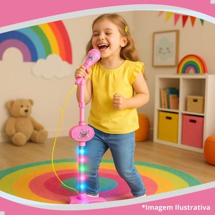 Imagem de Microfone Infantil Karaoke Brinquedo Menina Com Som Luz Pedestal Conecta Celular Cabo P2 Sai Voz Som