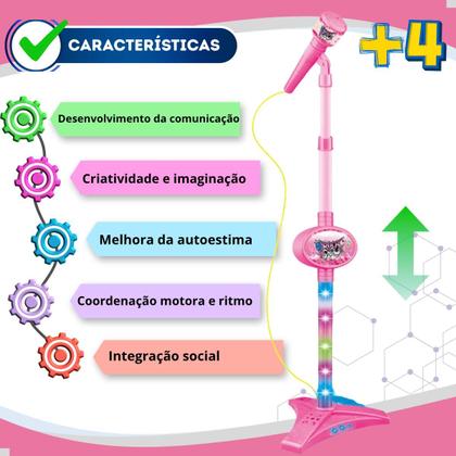 Imagem de Microfone Infantil Karaoke Brinquedo Menina Com Som Luz Pedestal Conecta Celular Cabo P2 Sai Voz Som
