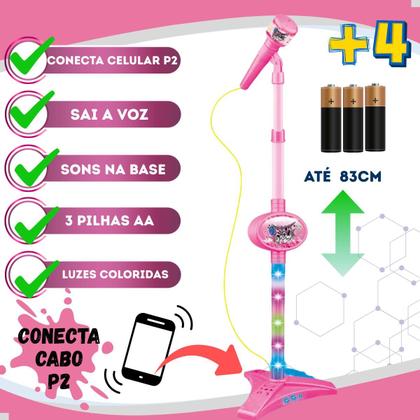 Imagem de Microfone Infantil Karaoke Brinquedo Menina Com Som Luz Pedestal Conecta Celular Cabo P2 Sai Voz Som