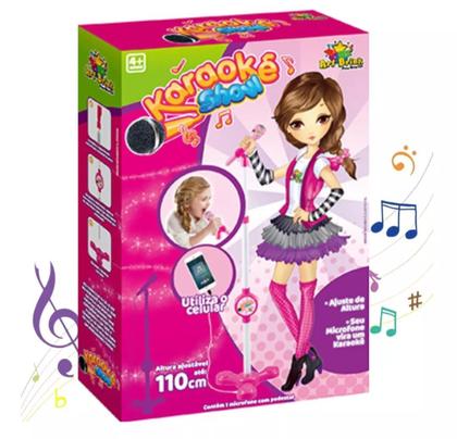 Imagem de Microfone Infantil Karaokê Pedestal Rosa Som Fio Conecta no Celular Brincar Cantar Presente Natal 