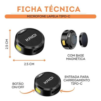 Imagem de Microfone Lapela Redondo Imã Sem Fio Preto Duplo Anti Ruído