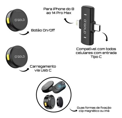 Imagem de Microfone Lapela Sem Fio Magnético 2 em 1 Type-C e Lightning Compatível iOS e Android