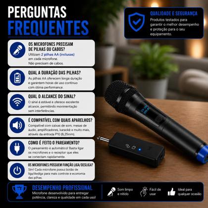 Imagem de Microfone Profissional Sem Fio Dinâmico Vhf Kit 2 Para Karaokê Igreja Eventos Led Preto