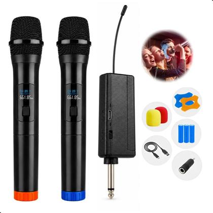 Imagem de Microfone Profissional Sem Fio Dinâmico Vhf Kit 2 Para Karaokê Igreja Eventos Led Preto