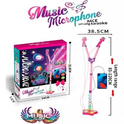 Imagem de Microfone rosa infantil duplo pedestal karaoke conecta cel