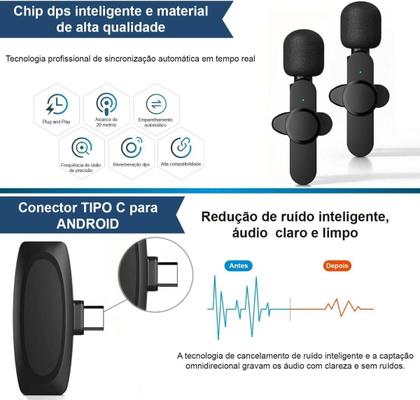 Imagem de Microfone Sem Fio Duplo Lapela Android iPhone 15/16 Profissional Cor Tipo C ( Android )