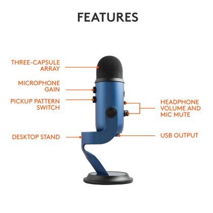 Imagem de Microfone USB Logitech Blue Yeti para Criadores - Streaming, Podcast, Jogos - 4 Padrões Polares