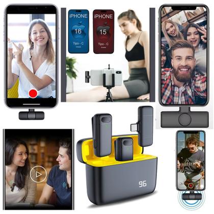 Imagem de Microfone Wireless 2.4 Ghz Bluetooth Lapela Duplo Para Tipo-C  15,16 e Androide