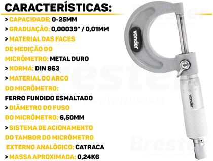 Imagem de Micrômetro Mecânico De 0mm A 25mm Precisão De 0,01mm Vonder 3537025000