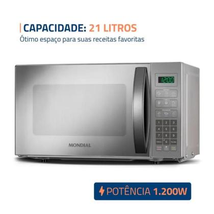 Imagem de Microondas Mondial 21 Litros com Função Tirar Odor 1200W Espelhado 220V - MO-01-21-E
