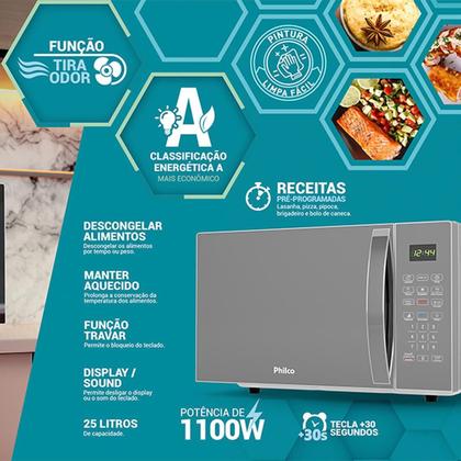 Imagem de Microondas Philco 25 Litros Bancada Multifunções Limpa Fácil Tira Odor Descongelar 1100W PMO28S