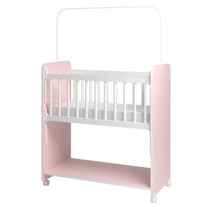 Imagem de Mini Berço Compacto Portátil Para Bebê com Grade Movel Rodízio Colchão Suporte Mosquiteiro e Prateleira Rosa Branco