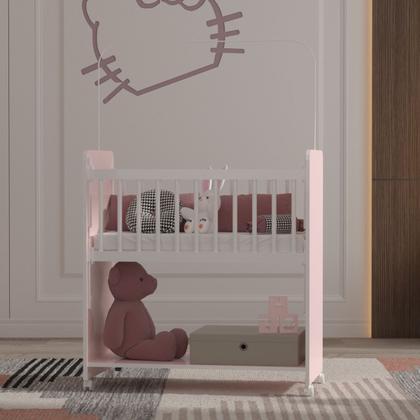 Imagem de Mini Berço Compacto Portátil Para Bebê com Grade Movel Rodízio Colchão Suporte Mosquiteiro e Prateleira Rosa Branco