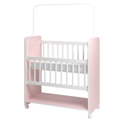 Imagem de Mini Berço Compacto Portátil Para Bebê com Grade Movel Rodízio Colchão Suporte Mosquiteiro e Prateleira Rosa Branco