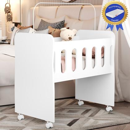 Imagem de Mini Berço e Trocador Bela Branco com Colchão Cama Moisés Quarto Bebê Menino Badside Rodinha Menina Nenem Portatil infantil Acoplado Moises