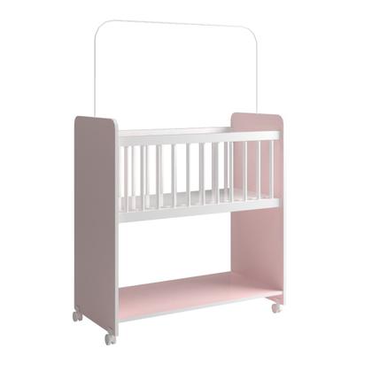 Imagem de Mini Berço Grade Fixa Compacto Portátil Para Bebê com Rodízio Colchão Suporte Para Mosquiteiro e Prateleira Rosa Branco
