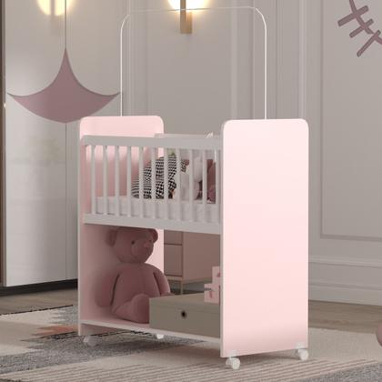 Imagem de Mini Berço Grade Fixa Compacto Portátil Para Bebê com Rodízio Colchão Suporte Para Mosquiteiro e Prateleira Rosa Branco