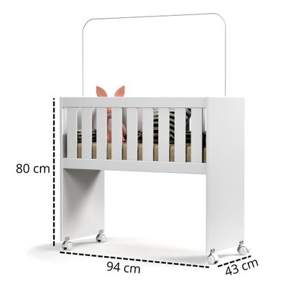 Imagem de Mini Berço Infantil Kids Com Grades De Segurança Convencional Com Suporte De Mosquiteiro E Rodinhas Cor Branco