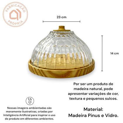 Imagem de Mini Boleira Artesanal Madeira Vidro Listras Porta Doce 20cm