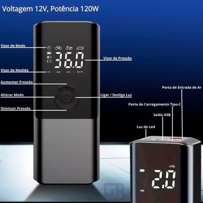 Imagem de Mini Bomba Compressor de Ar Portátil 120W Sem Fio Recarregável 12V Calibrador Automotivo Pneu Moto Bicicleta Inflável