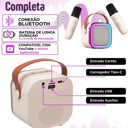 Imagem de Mini Caixa De Som Karaokê Bluetooth Com 2 Microfones Sem Fio LED Recarregável