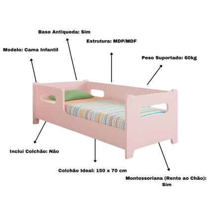 Imagem de Mini Cama Infantil Encanto Montessoriana Para Quarto De Criança Menina E Menino Sem Colchão Com Proteção Lateral Rosa