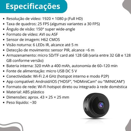 Imagem de Mini câmera espiã Wi-Fi IP A9 cartão SD grava voz entrega rá