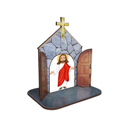 Imagem de Mini Capela Oratório Display Enfeite de Mesa Jesus Cristo Mod1 12cm Mdf Madeira