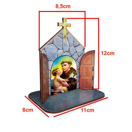 Imagem de Mini Capela Oratório Display Enfeite de Mesa Santo Antônio de Pádua 12cm Mdf Madeira