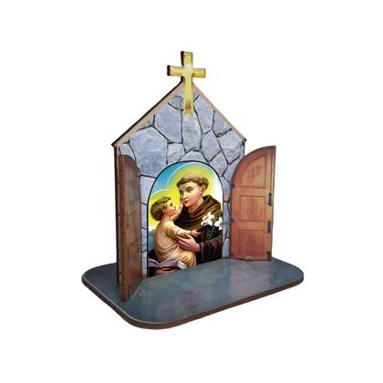 Imagem de Mini Capela Oratório Display Enfeite de Mesa Santo Antônio de Pádua 12cm Mdf Madeira