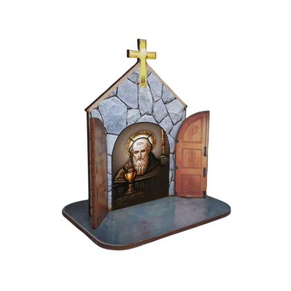 Imagem de Mini Capela Oratório Display Enfeite de Mesa São Bento 12cm Mdf Madeira
