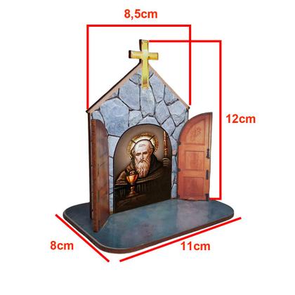 Imagem de Mini Capela Oratório Display Enfeite de Mesa São Bento 12cm Mdf Madeira