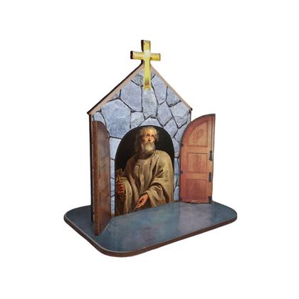 Imagem de Mini Capela Oratório Display Enfeite de Mesa São Pedro 12cm Mdf Madeira