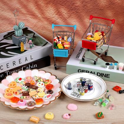 Mini carrinho de compras, cesta, comida em miniatura, Doll House