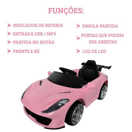 Imagem de Mini Carro Carrinho Elétrico Infantil Scarlet GT 12V Rosa com Controle Remoto Som Luz Música