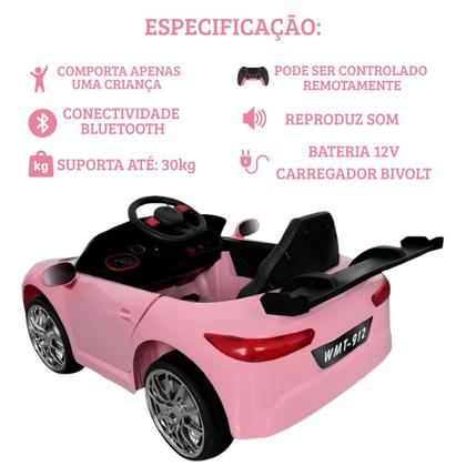 Imagem de Mini Carro Carrinho Elétrico Infantil Scarlet GT 12V Rosa com Controle Remoto Som Luz Música