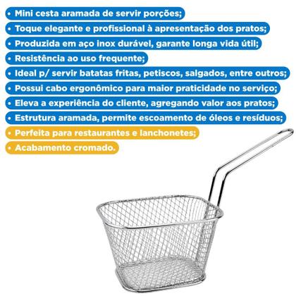 Imagem de Mini Cestinha Servir Porções Gourmet Individual 100g 150g Aço Inox Retangular Cabo Longo