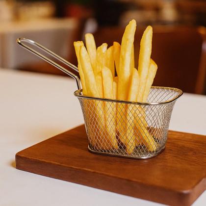 Imagem de Mini Cestinha Servir Porções Gourmet Individual 100g 150g Aço Inox Retangular Cabo Longo