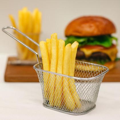 Imagem de Mini Cestinha Servir Porções Gourmet Individual 100g 150g Aço Inox Retangular Cabo Longo