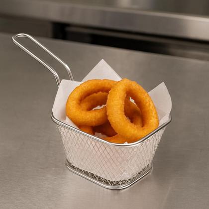 Imagem de Mini Cestinha Servir Porções Gourmet Individual 100g 150g Aço Inox Retangular Cabo Longo