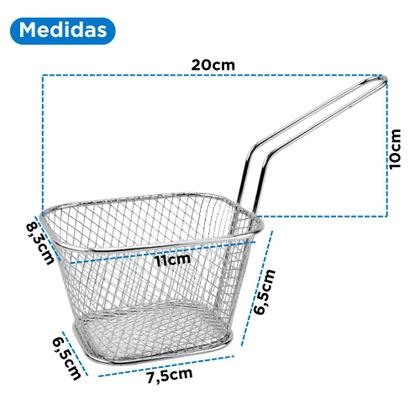Imagem de Mini Cestinha Servir Porções Gourmet Individual 100g 150g Aço Inox Retangular Cabo Longo
