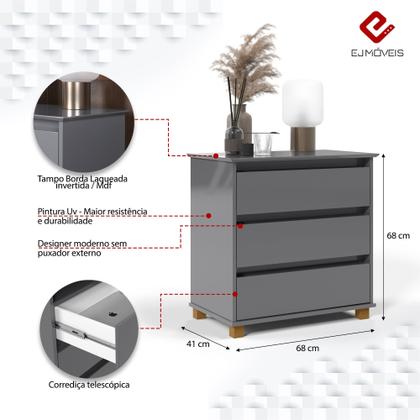 Imagem de Mini Cômoda EJ Mesa de Cabeceira com 3 gavetas - Cinza