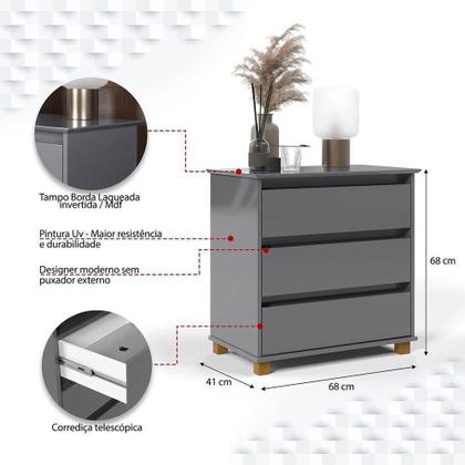 Imagem de Mini Cômoda Para Quarto 3 Gavetas Prisma Cinza