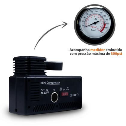 Imagem de Mini Compressor De Ar Automotivo Portátil P/ Encher Pneu 2 Em 1 300psi 12v E 110v 30l/min